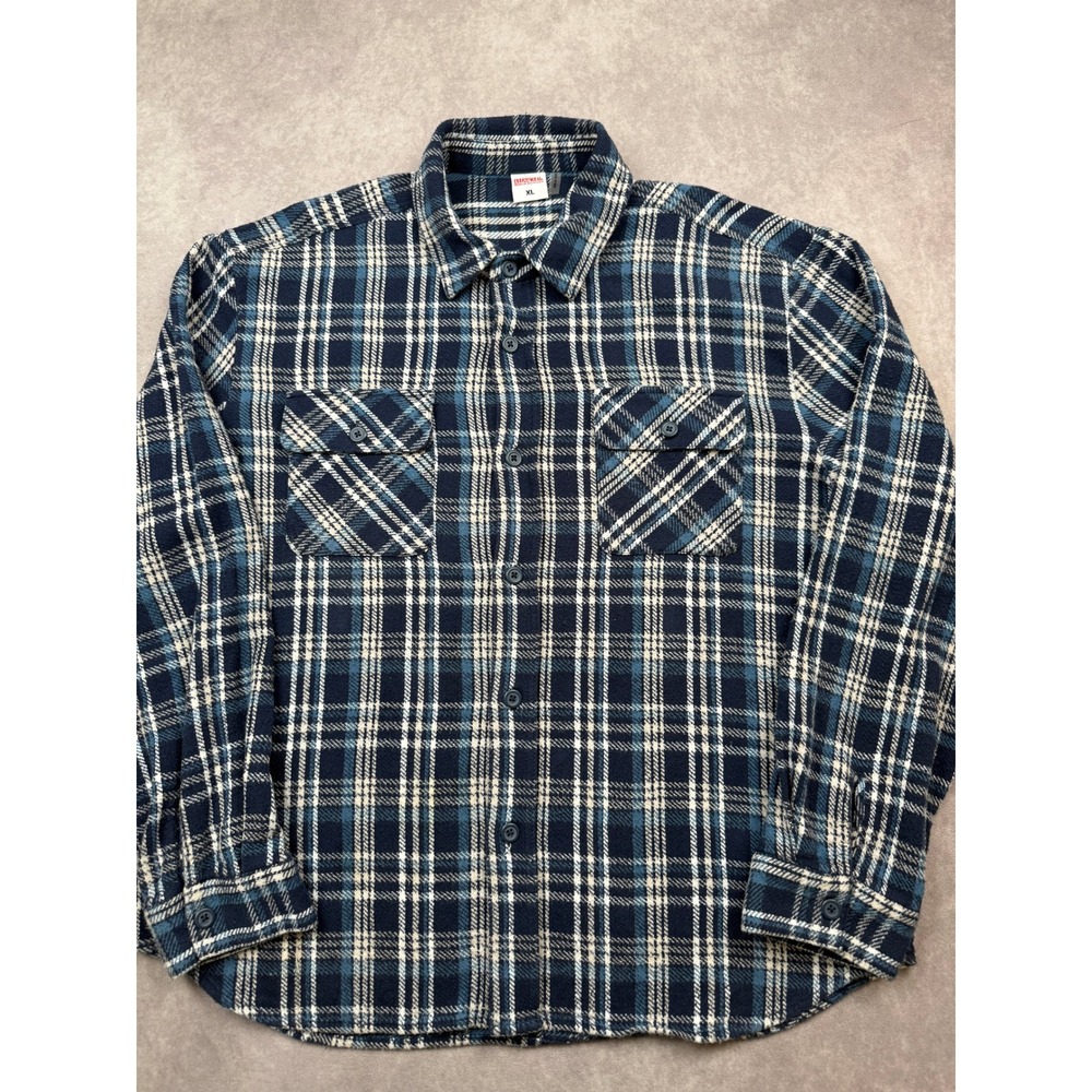 Birdwell Beach Britches Men XL Blue Tan White Plaid Cotton Flannel Button Casual